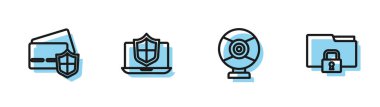 Set line Security camera, Credit card with shield, Laptop protected and Folder and lock icon. Vector
