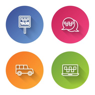Set line Road sign for a taxi stand, Taxi call telephone service, Car and Laptop. Color circle button. Vector
