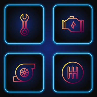 Set line Gear shifter, Automotive turbocharger, Wrench spanner and Check engine. Gradient color icons. Vector