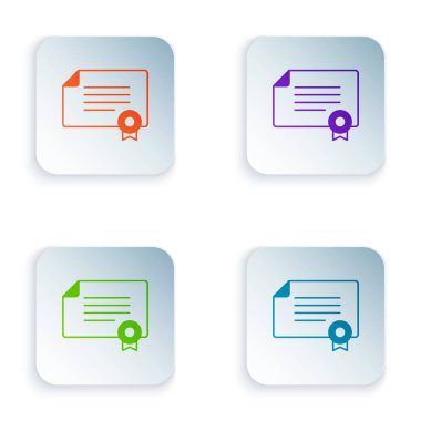 Renk Sertifikası şablon simgesi beyaz arkaplanda izole edildi. Başarı, ödül, diploma, burs, diploma kavramları. Kare düğmelere renkli simgeleri yerleştir. Vektör