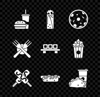 Set Paper glass with drinking straw and burger, Doner kebab, Pizza, Ice cream, Hotdog sandwich mustard, taco tortilla, Crossed fork and Sushi cutting board icon. Vector