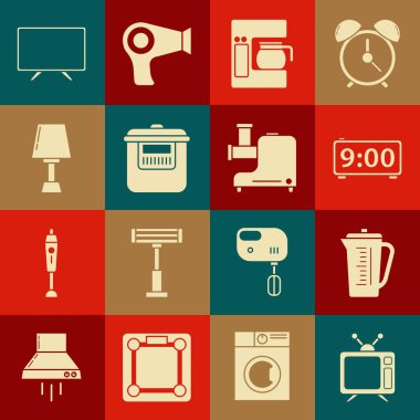 Set Television, Measuring cup, Digital alarm clock, Coffee machine with glass pot, Slow cooker, Table lamp, Smart Tv and Kitchen meat grinder icon. Vector