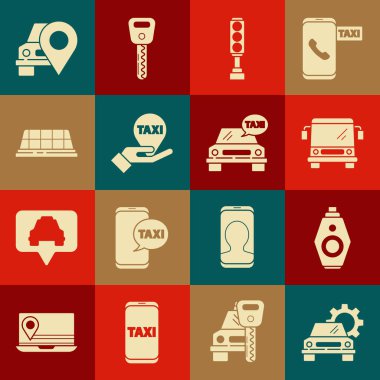 Set Car service, key with remote, Bus, Traffic light, Hand on map pointer taxi, Taxi car roof, Map and  icon. Vector