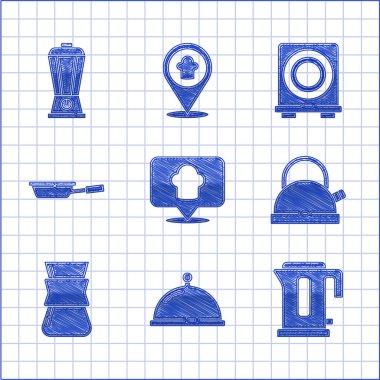 Set Chef hat with location, Covered tray of food, Electric kettle, Kettle handle, Coffee turk, Frying pan, stove and Blender icon. Vector