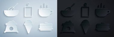 Set Ice cream in waffle cone, Coffee cup, Bag flour, Cake, Cutting board and Kitchen whisk and bowl icon. Vector