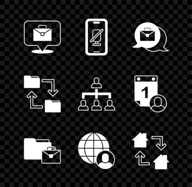 Set Online working, Mute microphone on mobile, Freelancer, Cloud storage document folder and Hierarchy organogram chart icon. Vector