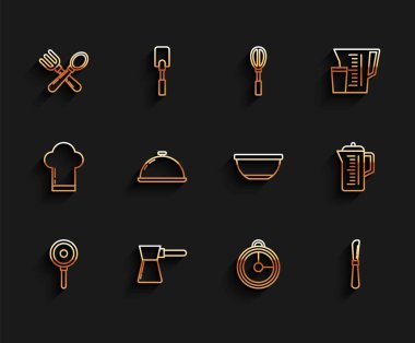 Set line Frying pan, Coffee turk, Crossed fork and spoon, Kitchen timer, Knife, Covered with tray food, Teapot and Bowl icon. Vector