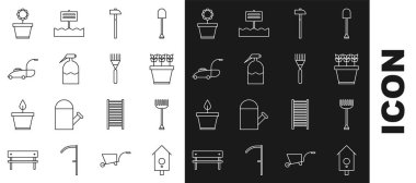 Set line Retro wall watch, Garden rake, Plants in pot, Hammer, sprayer, Lawn mower, Flower and  icon. Vector