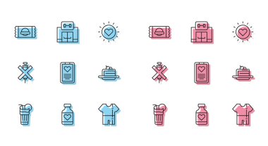 Set line Fresh smoothie, Vitamin pill, Sports nutrition, track suit, Medical clipboard, Cake, No doping syringe and Gym building icon. Vector
