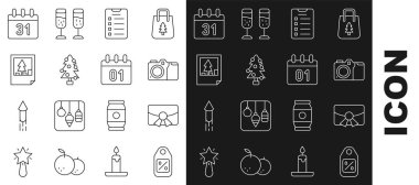 Set line Price tag with Sale, Christmas postcard, Photo camera, New year goals list, tree, Calendar and  icon. Vector