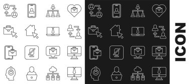 Set line Video chat conference, Online working, Project team base, Hierarchy organogram chart,  and  icon. Vector