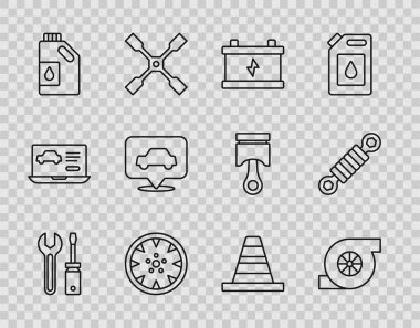 Set line Screwdriver and wrench spanner, Automotive turbocharger, Car battery, Alloy wheel, Canister for motor oil, service, Traffic cone and Shock absorber icon. Vector