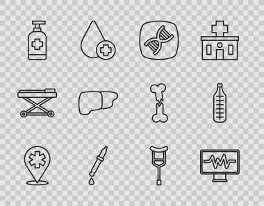 Set line Location hospital, Monitor with cardiogram, DNA symbol, Pipette, Antibacterial soap, Human organ liver, Crutch crutches and Medical thermometer icon. Vector