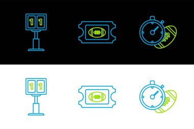 Set line American Football ball and stopwatch, Sport football mechanical scoreboard result display and ticket icon. Vector