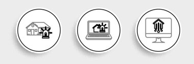 Set line Computer monitor with smart home, Smart house and alarm and Laptop icon. Vector