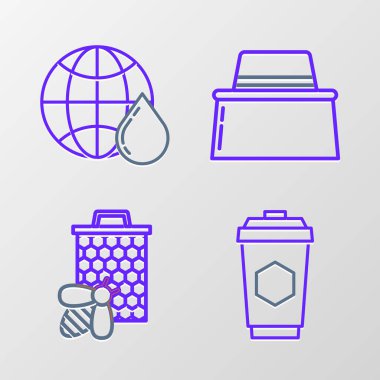 Set line Cup of tea with honey, Bee and honeycomb, Beekeeper protect hat and Honeycomb map the world icon. Vector
