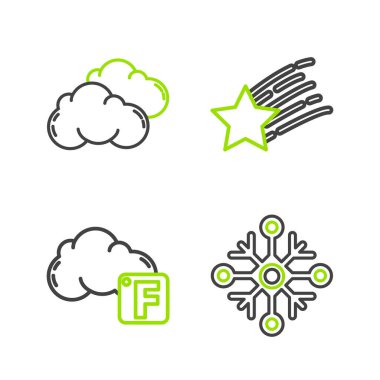 Set line Snowflake, Fahrenheit and cloud, Falling star and Cloud icon. Vector