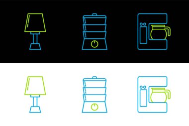 Set line Coffee machine with glass pot, Table lamp and Double boiler icon. Vector