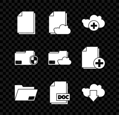 Set Document, Cloud storage text document, Add cloud, folder, DOC file, download, protection and  icon. Vector