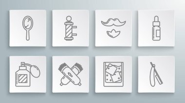 Set line Aftershave, Crossed electrical hair clipper or shaver, Glass of whiskey and ice cubes, Straight razor, Mustache beard, bottle with pipette and Hand mirror icon. Vector