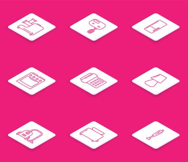 Set line Kitchen meat grinder, Electric mixer, Refrigerator, Oven, Telephone, Table lamp, Vacuum cleaner and Toaster with toasts icon. Vector