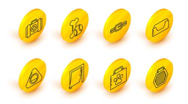 Set line Pet carry case, first aid kit, Door for pet, bed, Collar with name tag, toys bone rubber and ball and  icon. Vector