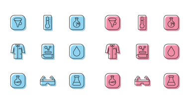 Set line Test tube and flask, Safety goggle glasses, Funnel or filter, Chemistry book, Water drop, Laboratory uniform and Medical thermometer icon. Vector