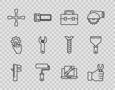 Set line Calliper or caliper and scale, Wrench spanner, Toolbox, Paint roller brush, Wheel wrench, Adjustable, Laptop service and Putty knife icon. Vector