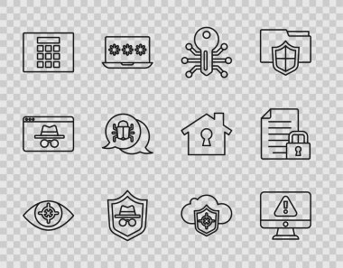 Set line Eye scan, Monitor with exclamation mark, Smart key, Incognito mode, Password protection, System bug, Cloud and shield and Document lock icon. Vector