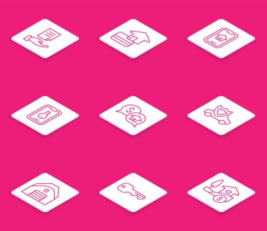 Set line House contract, Credit card, Online real estate, Price negotiation, Car with shield, Garage and key icon. Vector