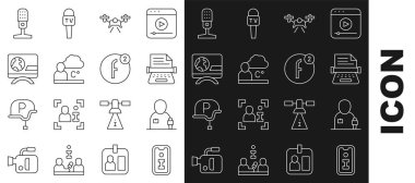 Set line Information, Journalist news, Retro typewriter, Drone, Weather forecast, Breaking, Microphone and Create account icon. Vector