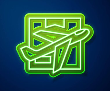 Glowing neon line Plane and cardboard box icon isolated on blue background. Delivery, transportation. Cargo delivery by air. Airplane with parcels, boxes.  Vector