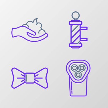 Set line Electrical hair clipper or shaver, Bow tie, Classic Barber shop pole and Shaving gel foam on hand icon. Vector