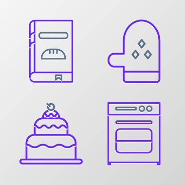 Set line Oven Cake glove and Cookbook icon. Vector.