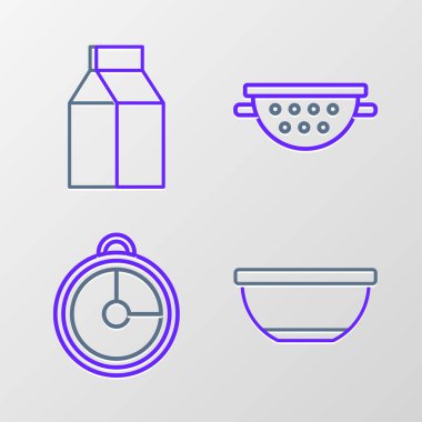 Set line Bowl Kitchen timer colander and Paper package for milk icon. Vector.