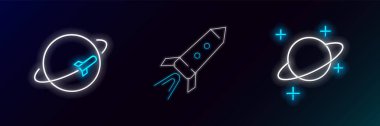 Set line Planet,  and Rocket ship with fire icon. Glowing neon. Vector