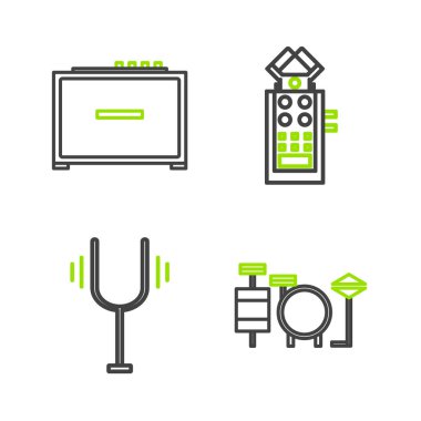 Set line Drums, Musical tuning fork, Microphone and Guitar amplifier icon. Vector