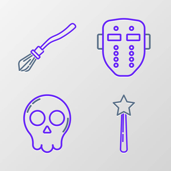 Set line Magic wand Skull Hockey mask and Witches broom icon. Vector.
