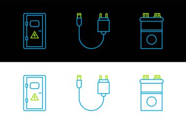 Set line Car battery Electrical cabinet and Charger icon. Vector.
