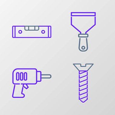 Set line Metallic screw, Electric drill machine, Putty knife and Construction bubble level icon. Vector