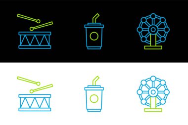 Set line Ferris wheel Drum with drum sticks and Paper glass water icon. Vector.