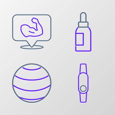 Set line Smartwatch, Fitness ball, Essential oil bottle and Bodybuilder muscle icon. Vector