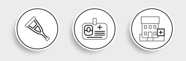 Set line Medical hospital building, Crutch or crutches and Identification badge icon. Vector