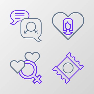 Set line Condom in package Female gender Heart with female and Gender equality icon. Vector.
