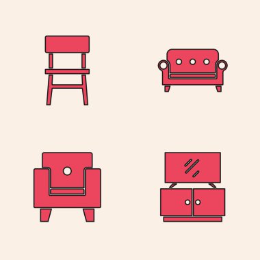 Set TV table stand, Chair, Sofa and Armchair icon. Vector