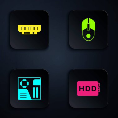 Set Hard disk drive HDD, RAM, random access memory, Motherboard digital chip and Computer mouse. Black square button. Vector.