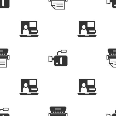 Set Retro typewriter, Cinema camera and World news on seamless pattern. Vector
