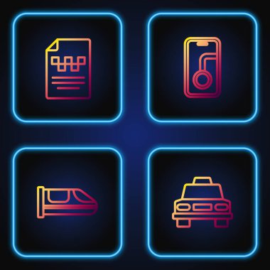 Set line Taxi car, High-speed train, driver license and City map navigation. Gradient color icons. Vector.