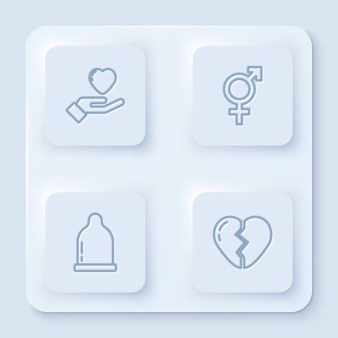 Set line Heart in hand, Gender, Condom and Broken heart. White square button. Vector