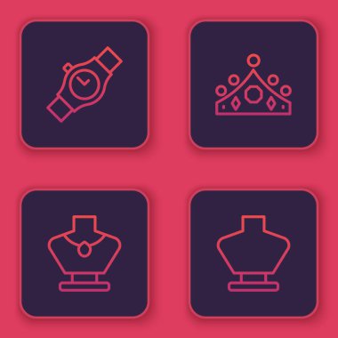 Set line Wrist watch, Necklace on mannequin, King crown and . Blue square button. Vector.